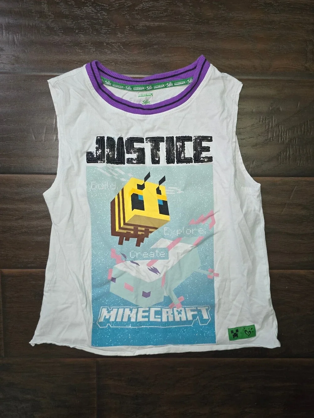 Justice Girls Minecraft Bee Axolotl Glitter White Tank Top Medium